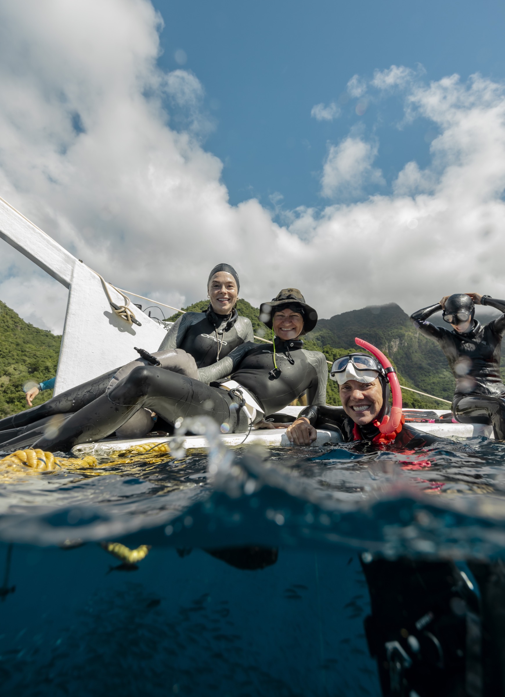 Candid moment with the freediving team on the dive boat